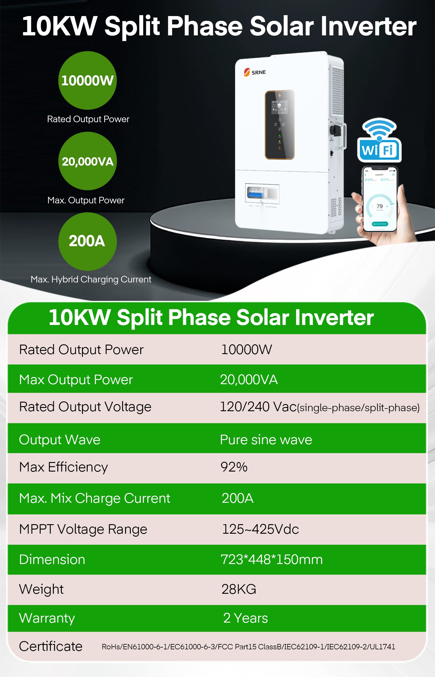 SRNE 10KW Hybrid Inverter Off-grid Split-Phase Solar Storage Inverter ...