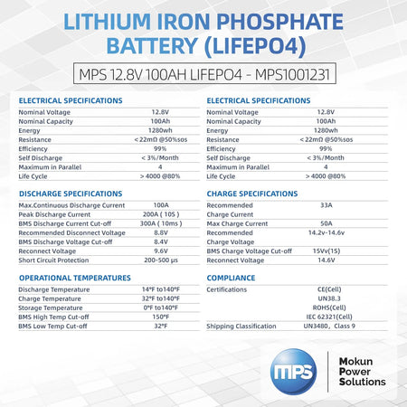 Graphic with Electrical Specifications for LiFePO4 Lithium Battery 12V 100Ah