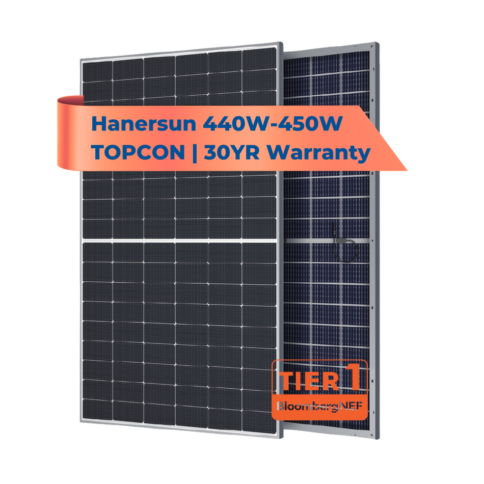 Hanersun 440W-450W Tier 1 | N-Type Topcon | Bifacial | 30 Year Warranty | 16.28KW per pallet